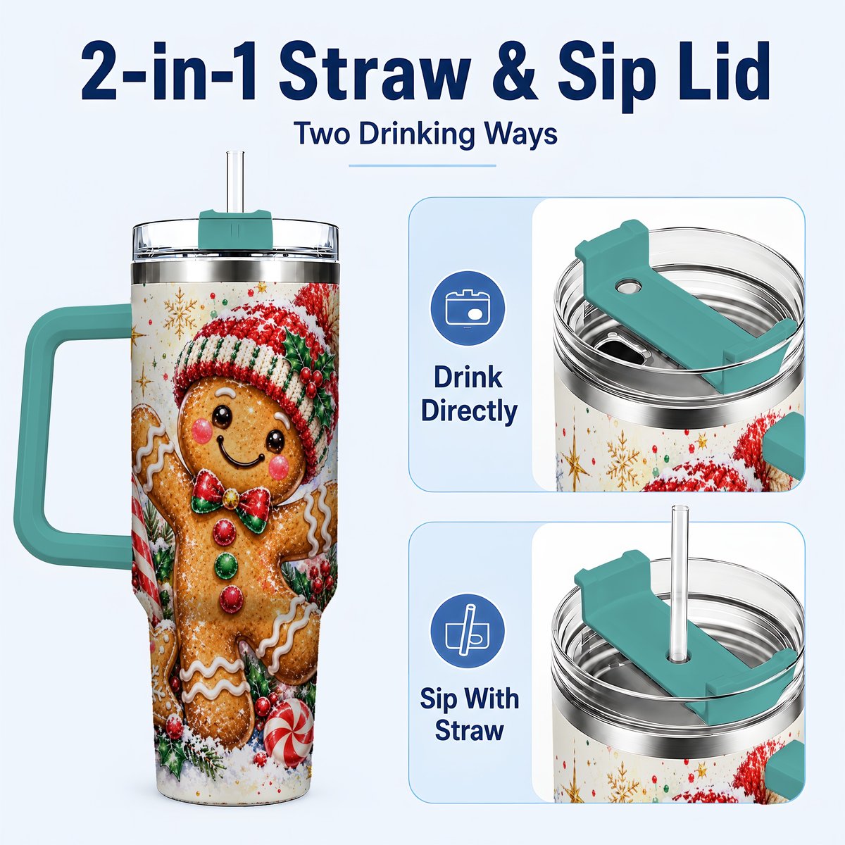 #pl[40oz|Green] Gingerbread Man 40oz Tumbler with Handle, Christmas Travel Cup for Her