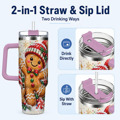 #pl[40oz|Pink] Gingerbread Man 40oz Tumbler with Handle, Christmas Travel Cup for Her