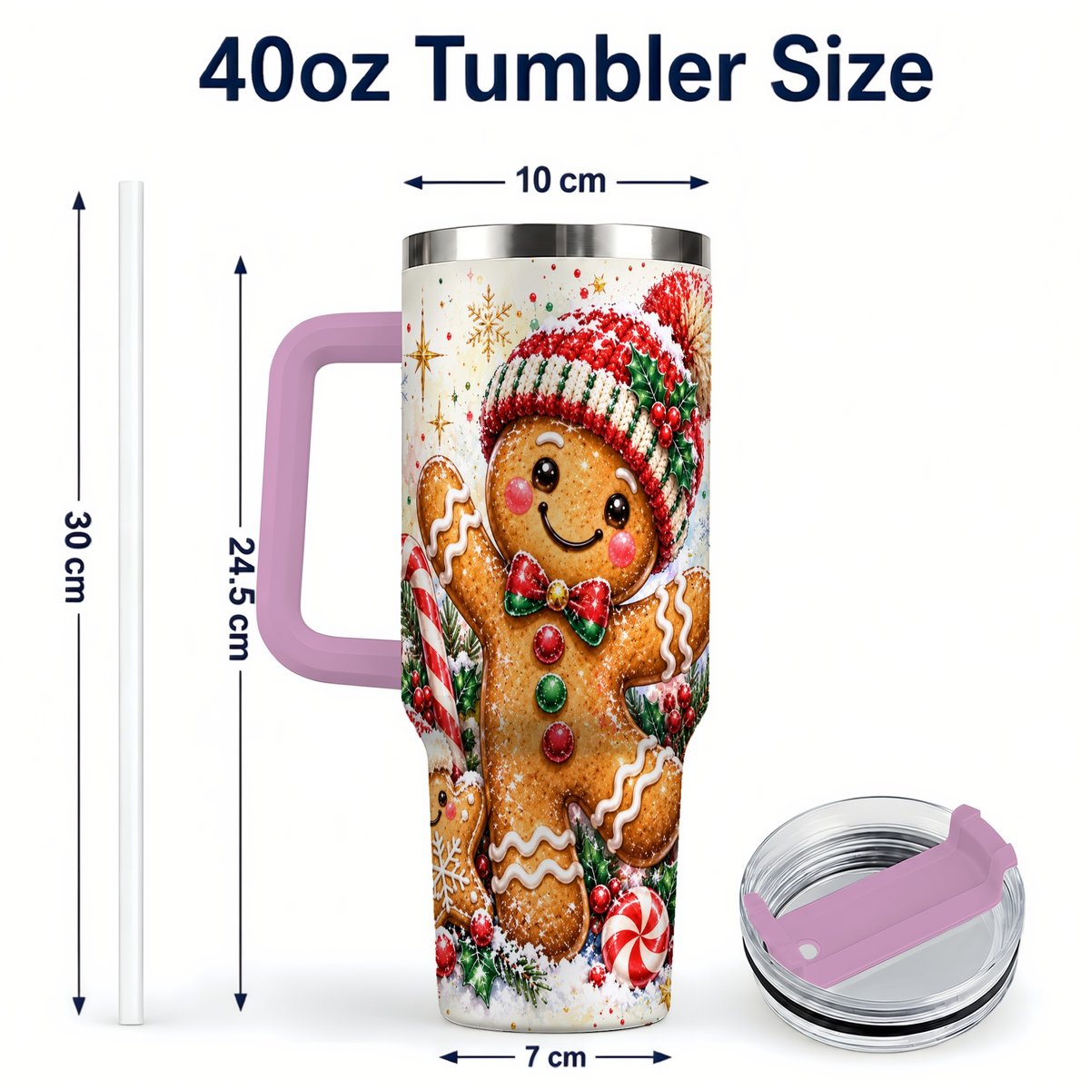 #pl[40oz|Pink] Gingerbread Man 40oz Tumbler with Handle, Christmas Travel Cup for Her