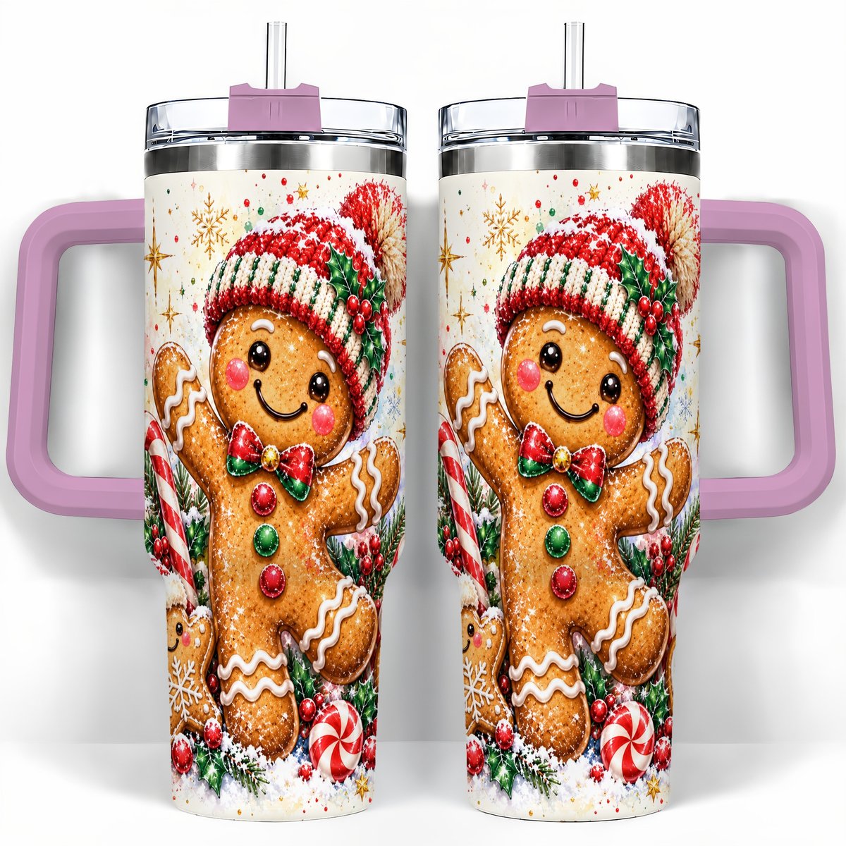 #pl[40oz|Pink] Gingerbread Man 40oz Tumbler with Handle, Christmas Travel Cup for Her