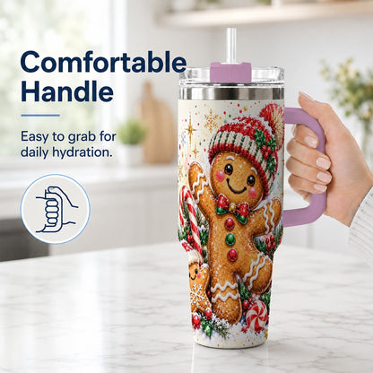 #pl[40oz|Pink] Gingerbread Man 40oz Tumbler with Handle, Christmas Travel Cup for Her