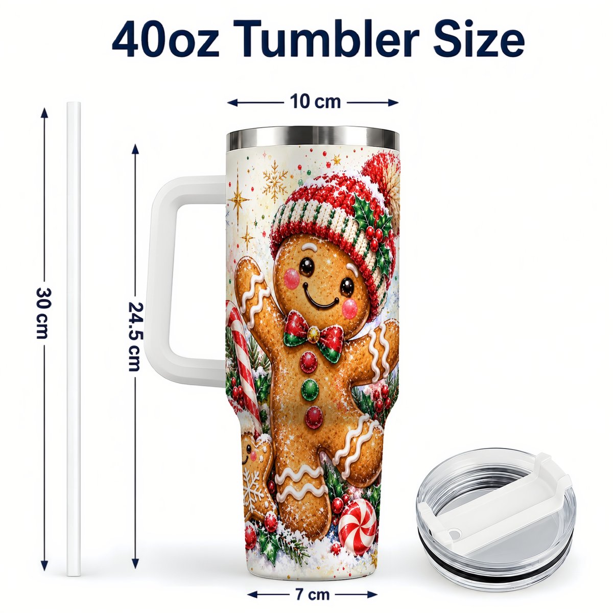 #pl[40oz|White] Gingerbread Man 40oz Tumbler with Handle, Christmas Travel Cup for Her