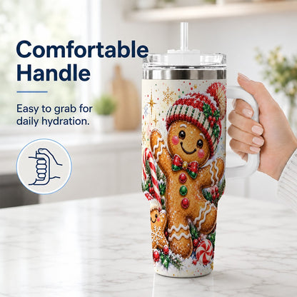 #pl[40oz|White] Gingerbread Man 40oz Tumbler with Handle, Christmas Travel Cup for Her