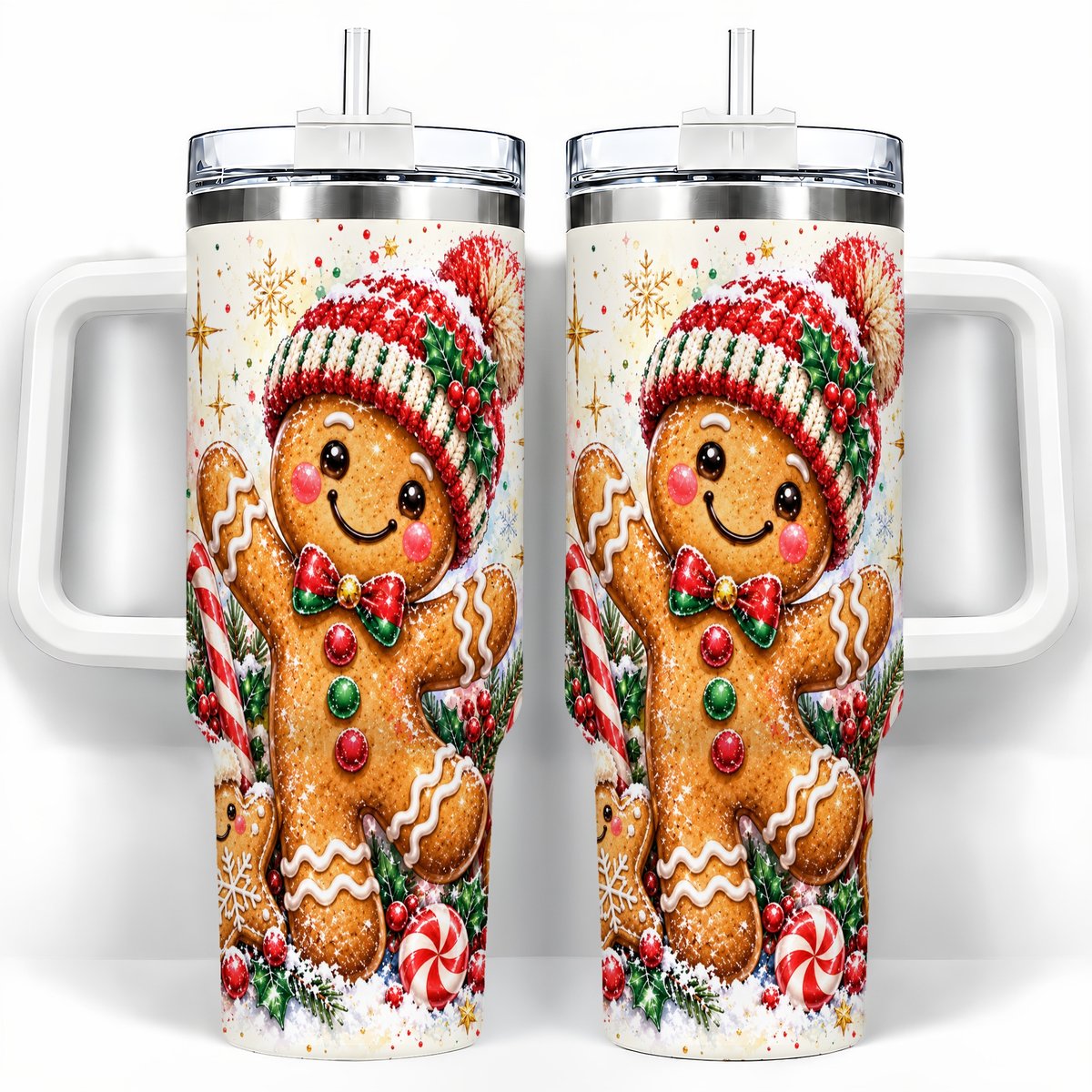 Gingerbread Man 40oz Tumbler with Handle, Christmas Travel Cup for Her