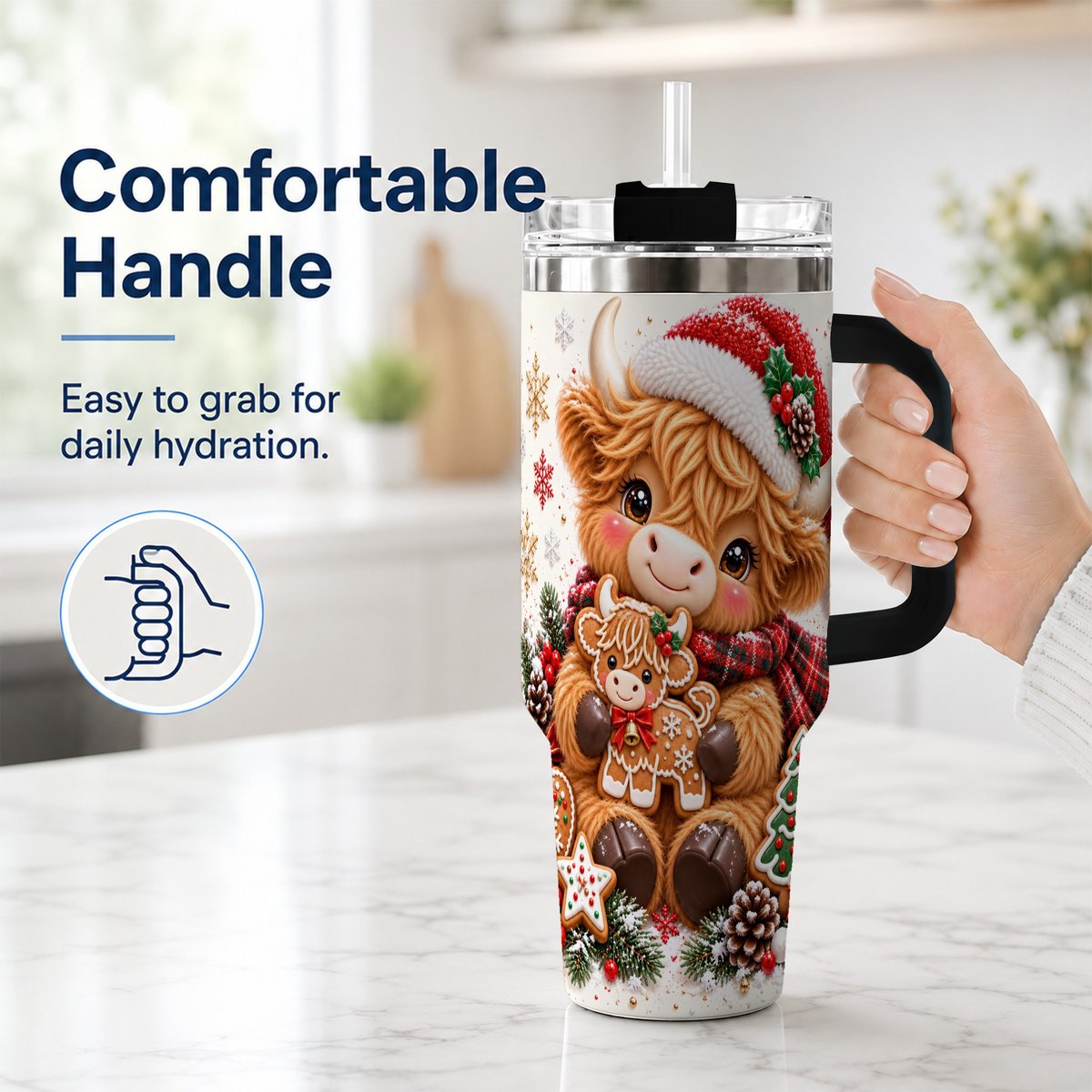 #pl[40oz|Black] Highland Cow 40oz Tumbler with Handle, Christmas Travel Cup for Women