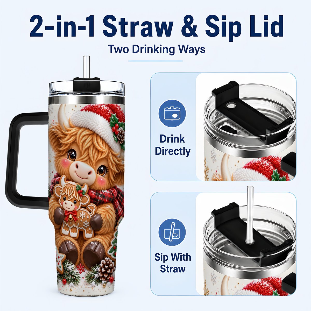 #pl[40oz|Black] Highland Cow 40oz Tumbler with Handle, Christmas Travel Cup for Women