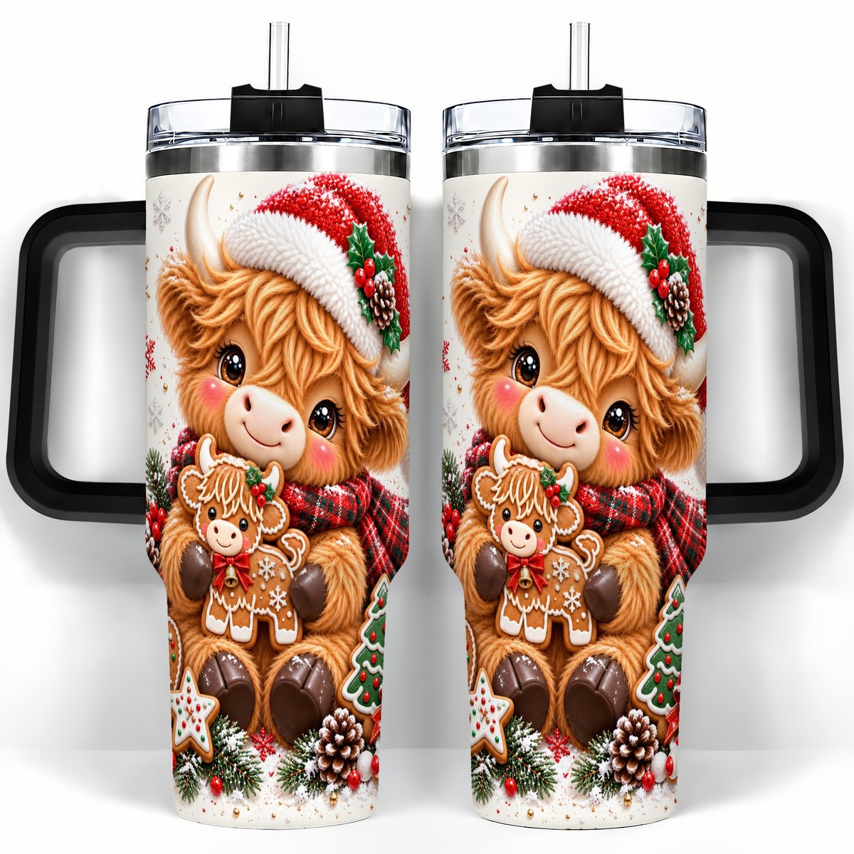 #pl[40oz|Black] Highland Cow 40oz Tumbler with Handle, Christmas Travel Cup for Women