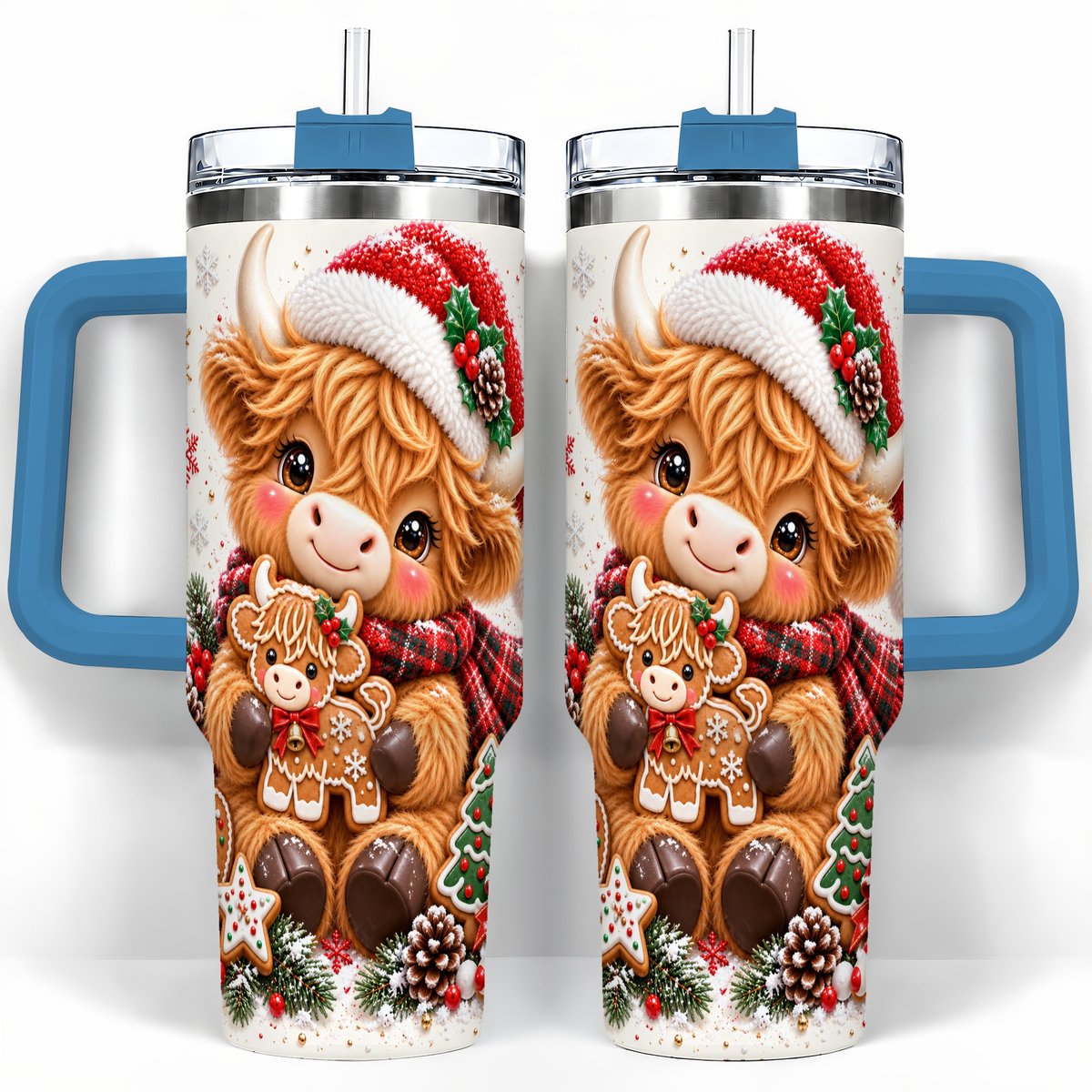 #pl[40oz|Blue] Highland Cow 40oz Tumbler with Handle, Christmas Travel Cup for Women