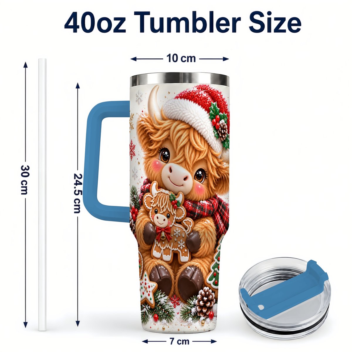 #pl[40oz|Blue] Highland Cow 40oz Tumbler with Handle, Christmas Travel Cup for Women