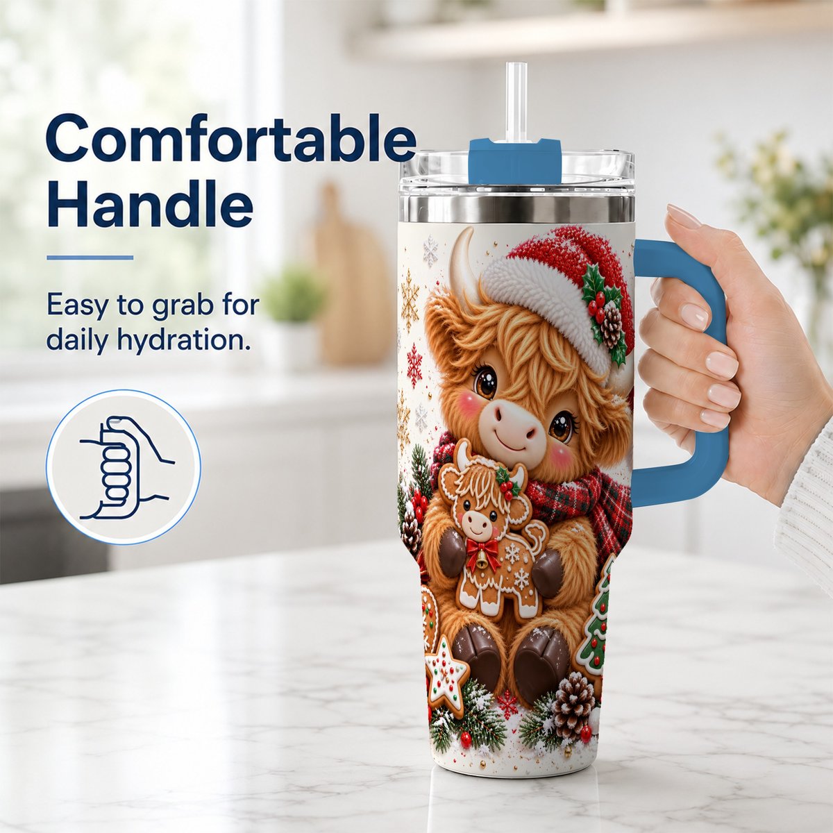 #pl[40oz|Blue] Highland Cow 40oz Tumbler with Handle, Christmas Travel Cup for Women
