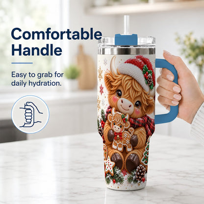#pl[40oz|Blue] Highland Cow 40oz Tumbler with Handle, Christmas Travel Cup for Women