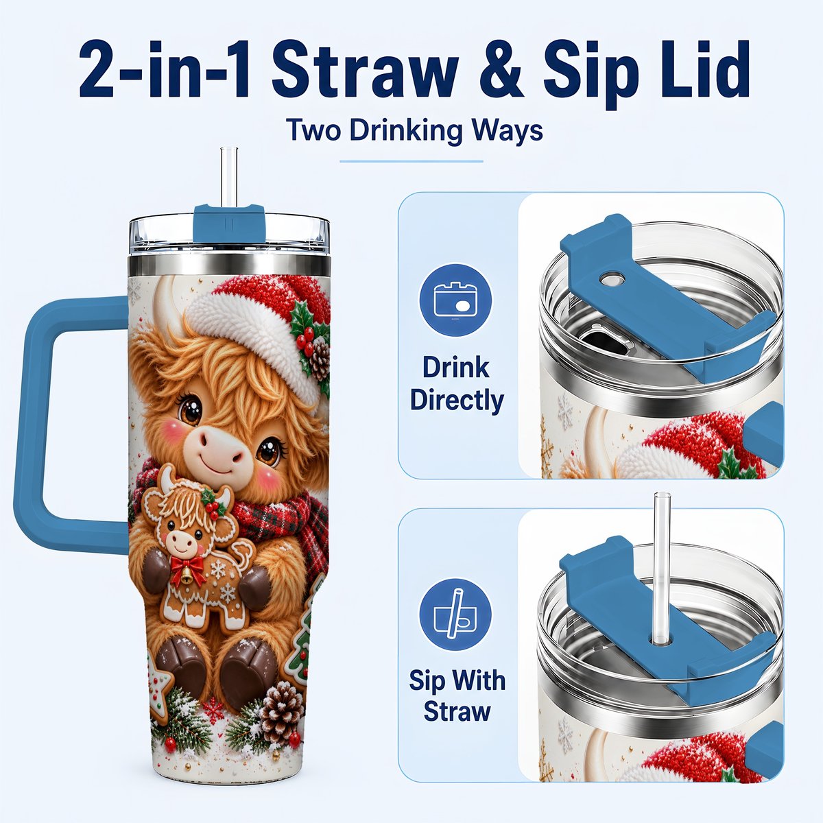 #pl[40oz|Blue] Highland Cow 40oz Tumbler with Handle, Christmas Travel Cup for Women