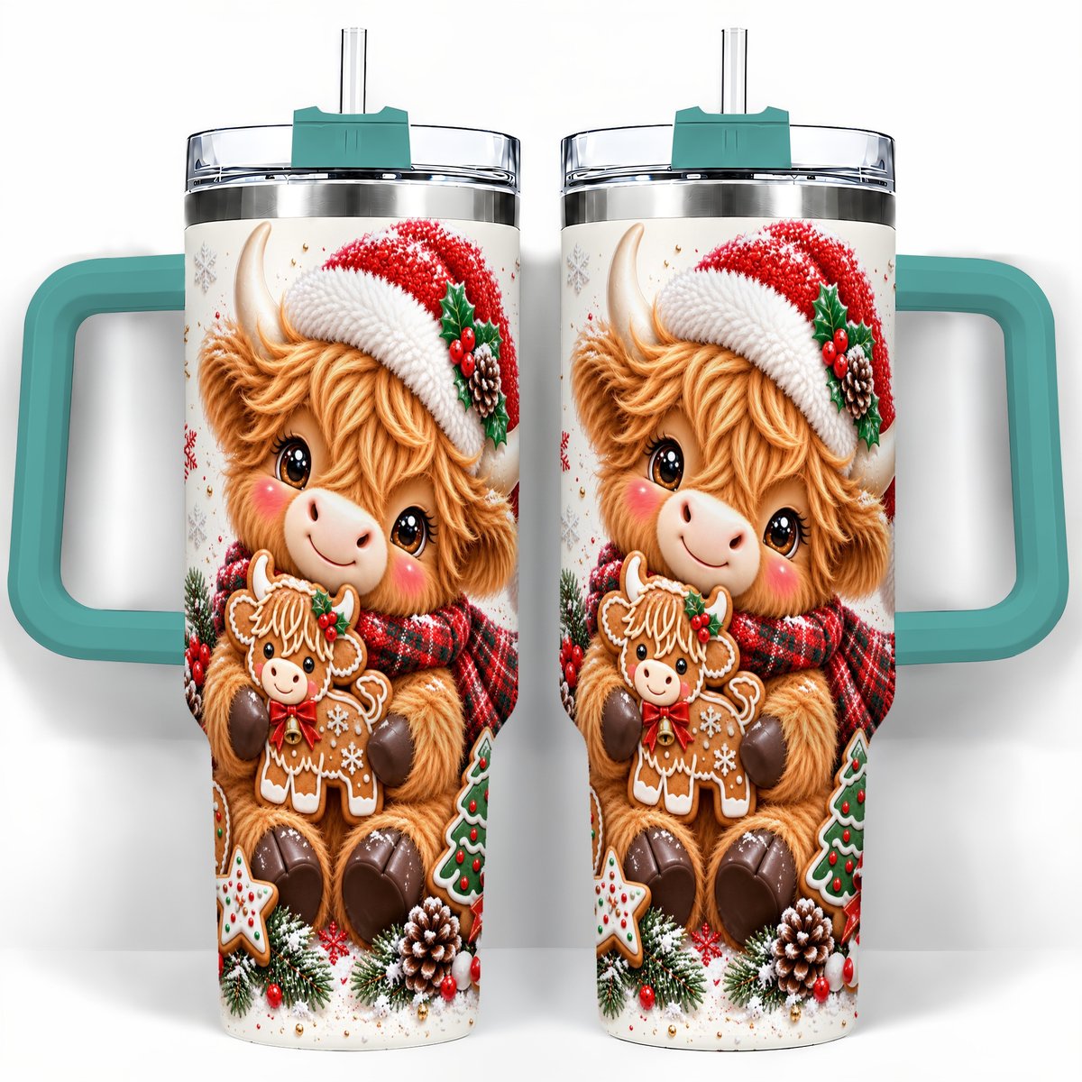 #pl[40oz|Green] Highland Cow 40oz Tumbler with Handle, Christmas Travel Cup for Women