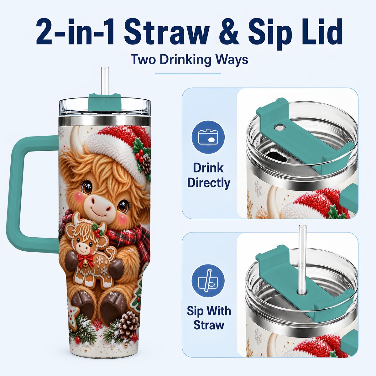 #pl[40oz|Green] Highland Cow 40oz Tumbler with Handle, Christmas Travel Cup for Women