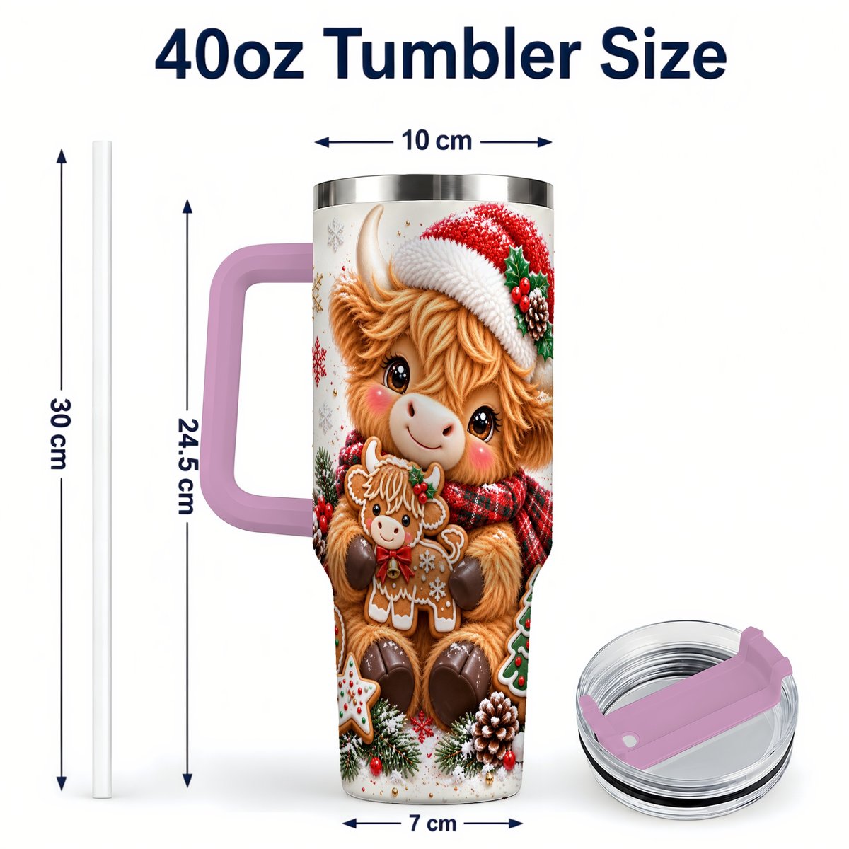 #pl[40oz|Pink] Highland Cow 40oz Tumbler with Handle, Christmas Travel Cup for Women