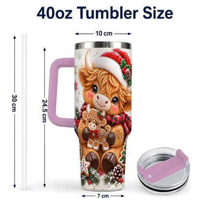 #pl[40oz|Pink] Highland Cow 40oz Tumbler with Handle, Christmas Travel Cup for Women