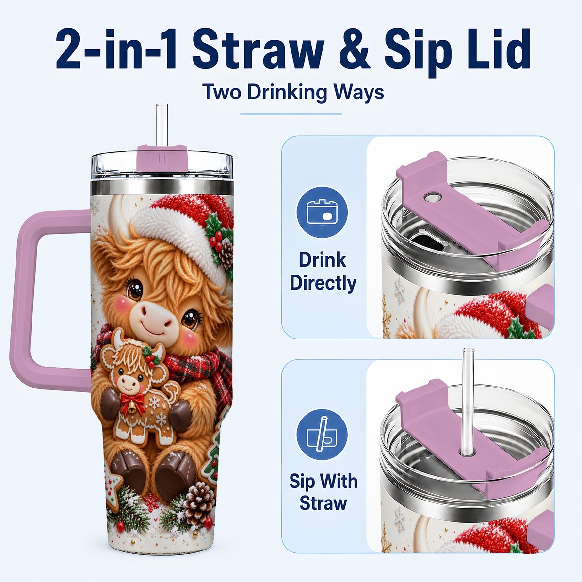 #pl[40oz|Pink] Highland Cow 40oz Tumbler with Handle, Christmas Travel Cup for Women