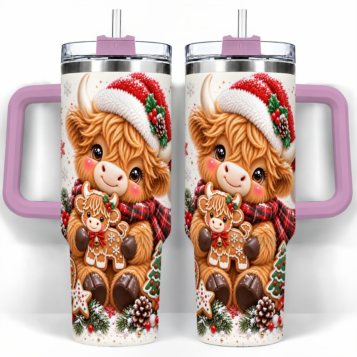 #pl[40oz|Pink] Highland Cow 40oz Tumbler with Handle, Christmas Travel Cup for Women