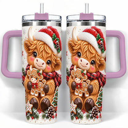#pl[40oz|Pink] Highland Cow 40oz Tumbler with Handle, Christmas Travel Cup for Women