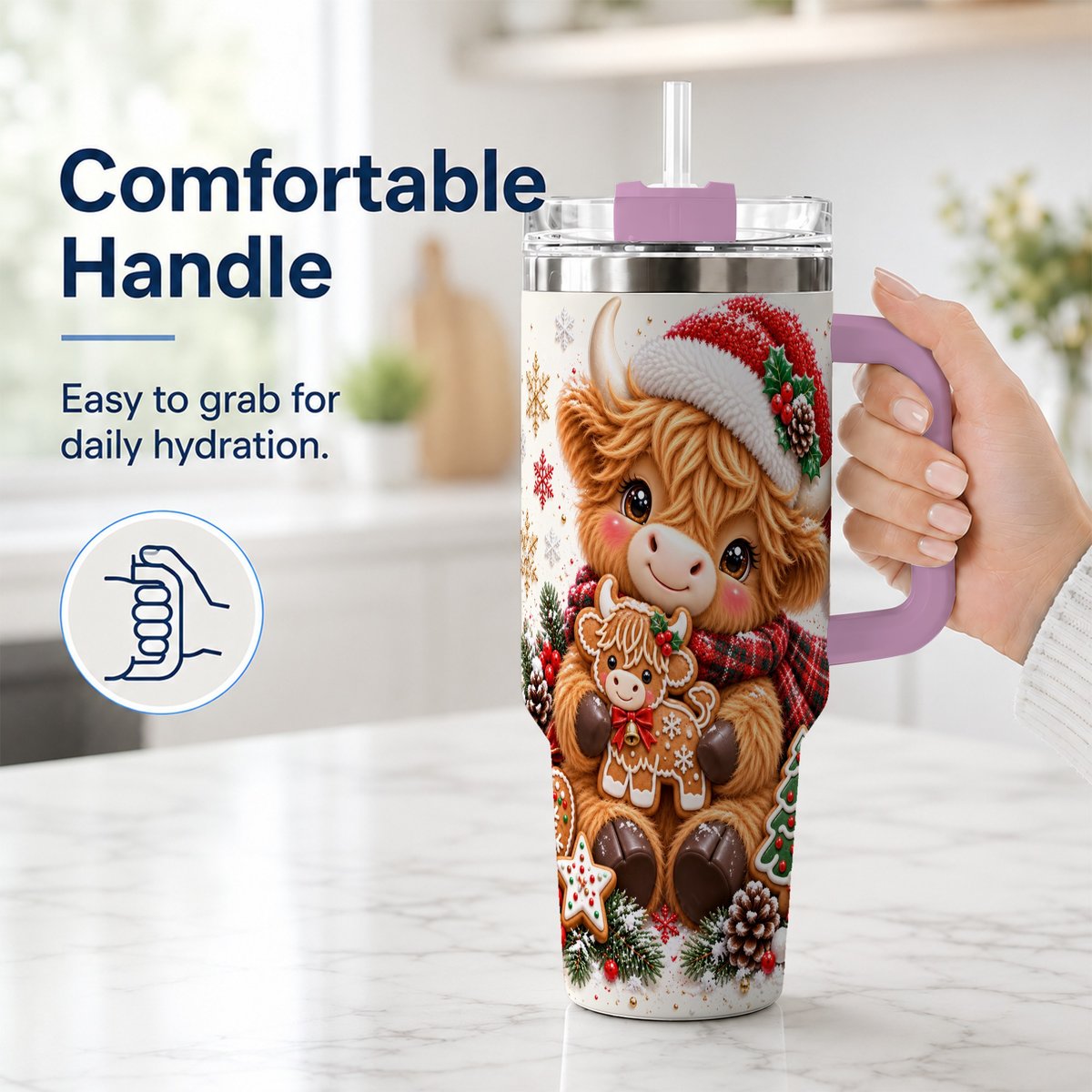 #pl[40oz|Pink] Highland Cow 40oz Tumbler with Handle, Christmas Travel Cup for Women