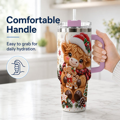 #pl[40oz|Pink] Highland Cow 40oz Tumbler with Handle, Christmas Travel Cup for Women