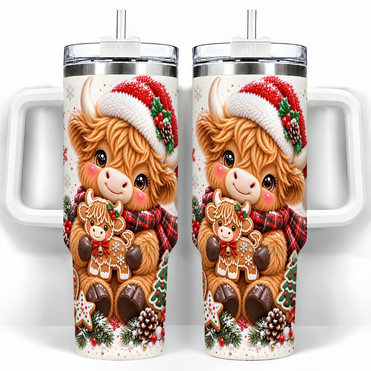 Highland Cow 40oz Tumbler with Handle, Christmas Travel Cup for Women