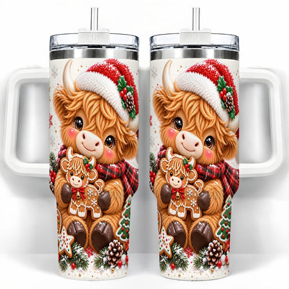 Highland Cow 40oz Tumbler with Handle, Christmas Travel Cup for Women