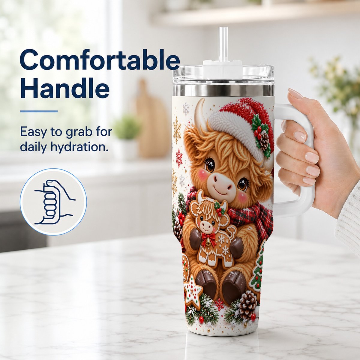 #pl[40oz|White] Highland Cow 40oz Tumbler with Handle, Christmas Travel Cup for Women