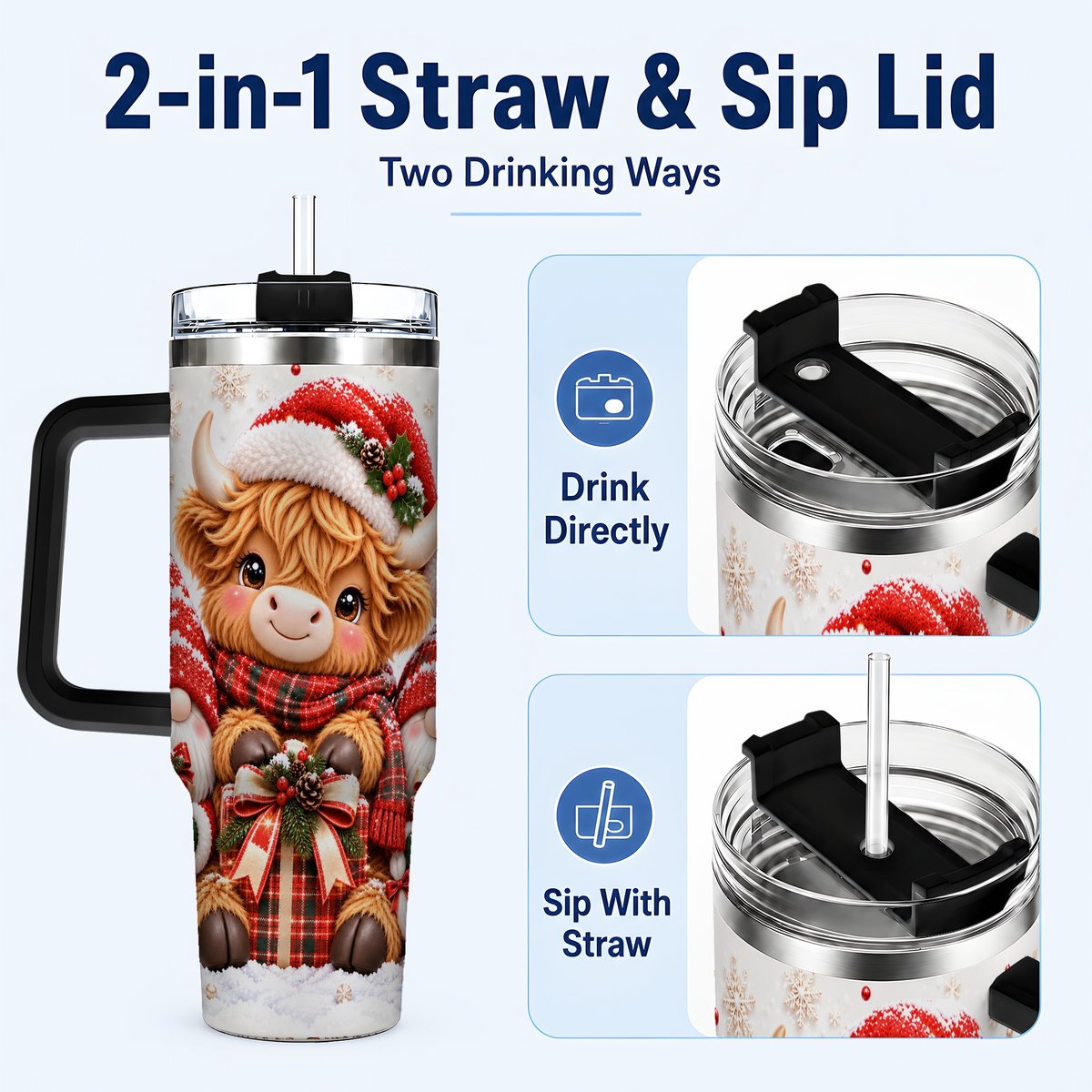 #pl[40oz|Black] Highland Cow 40oz Tumbler with Handle, Christmas Gnome Travel Cup for Her