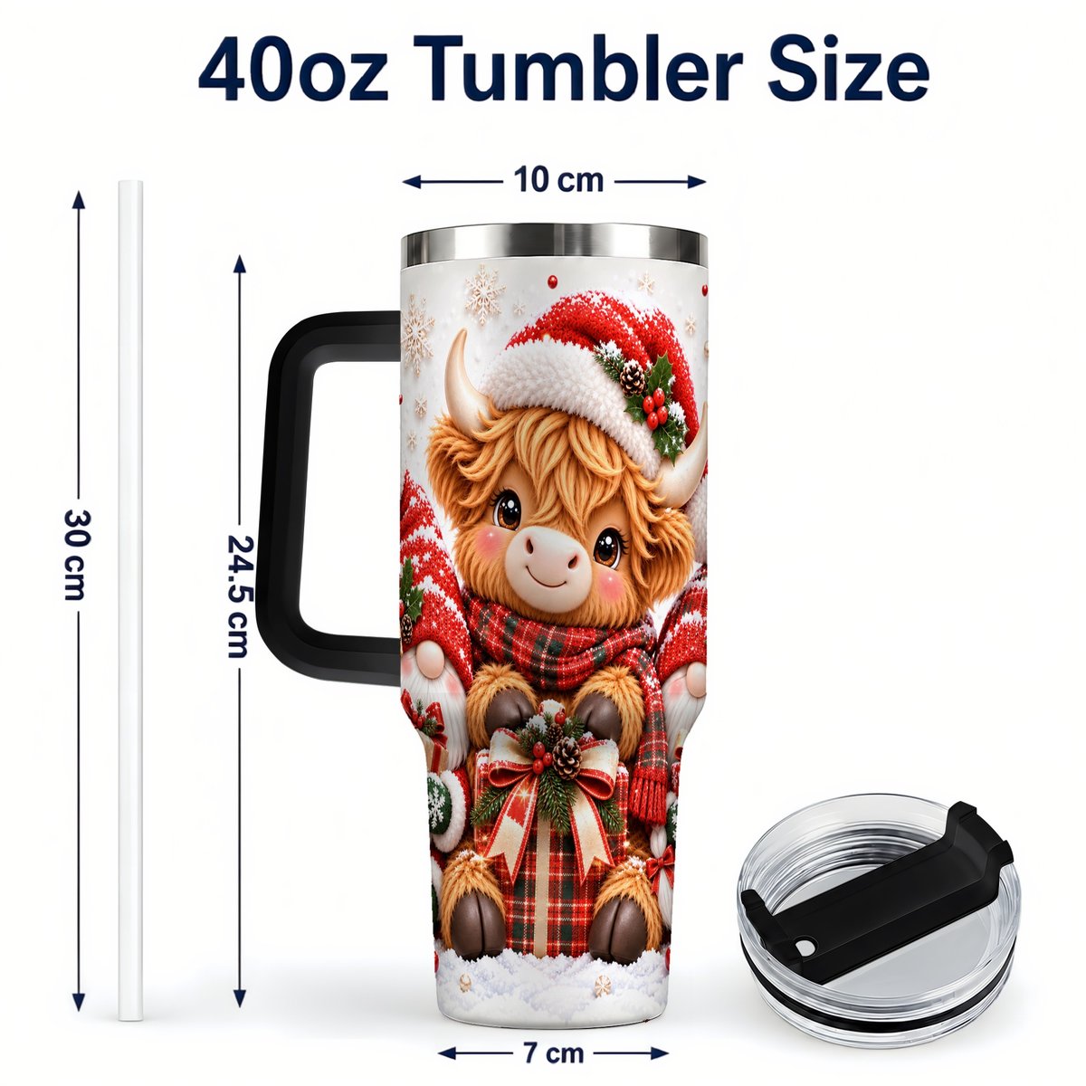 #pl[40oz|Black] Highland Cow 40oz Tumbler with Handle, Christmas Gnome Travel Cup for Her