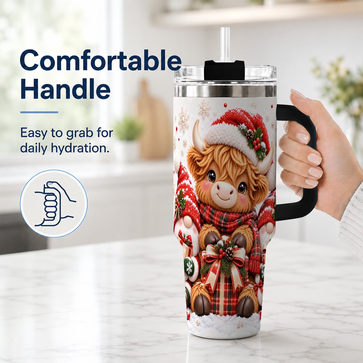 #pl[40oz|Black] Highland Cow 40oz Tumbler with Handle, Christmas Gnome Travel Cup for Her
