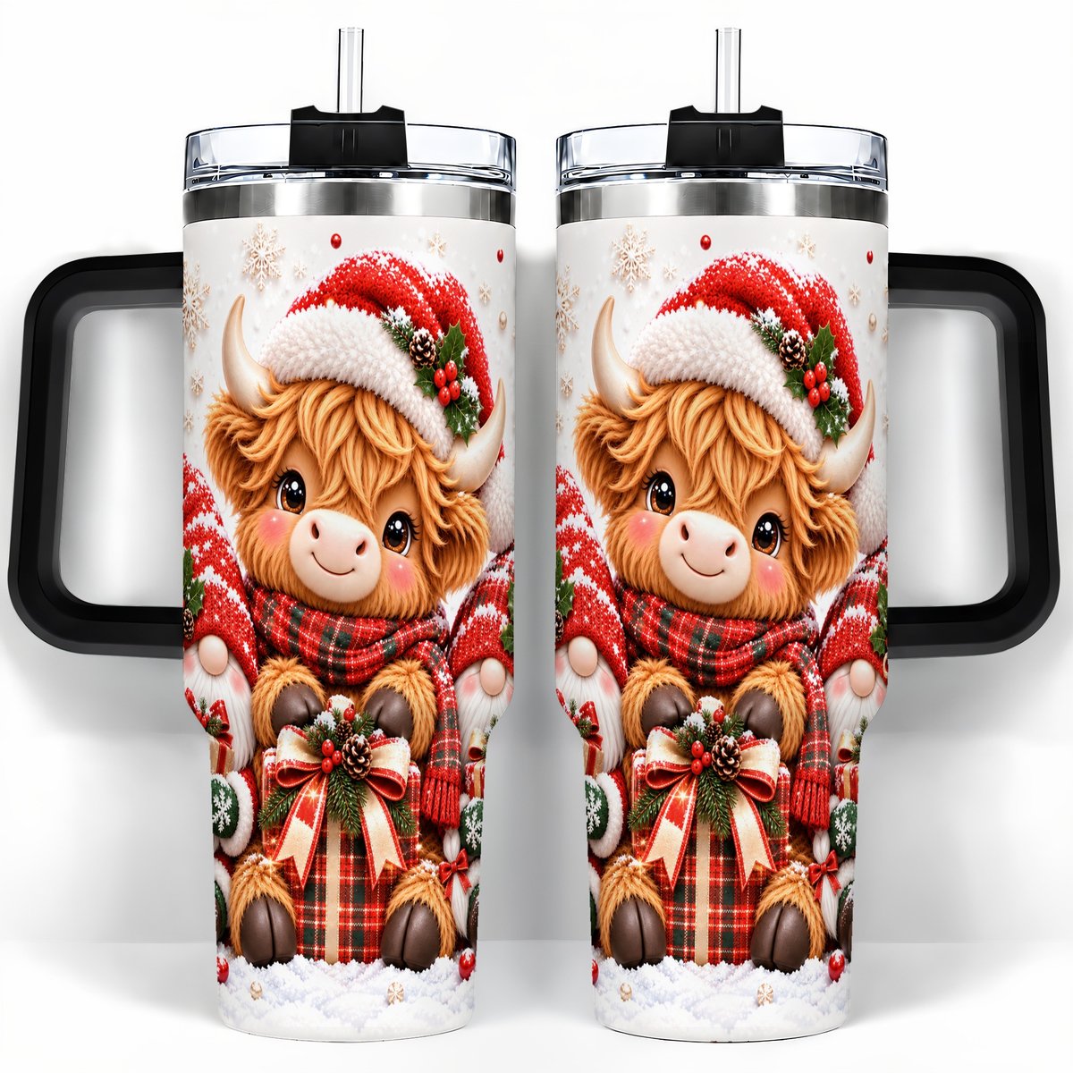 #pl[40oz|Black] Highland Cow 40oz Tumbler with Handle, Christmas Gnome Travel Cup for Her