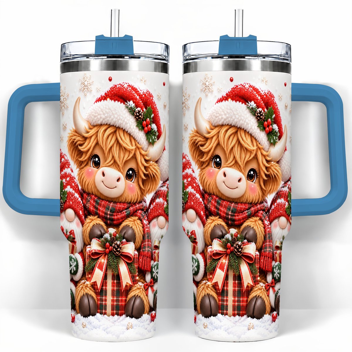 #pl[40oz|Blue] Highland Cow 40oz Tumbler with Handle, Christmas Gnome Travel Cup for Her