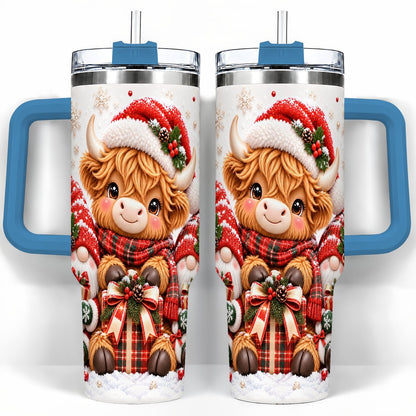 #pl[40oz|Blue] Highland Cow 40oz Tumbler with Handle, Christmas Gnome Travel Cup for Her