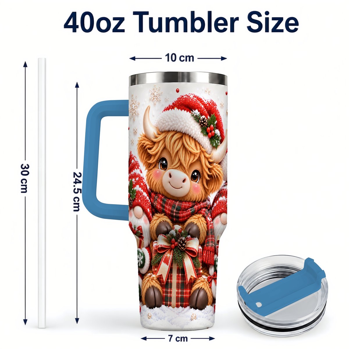 #pl[40oz|Blue] Highland Cow 40oz Tumbler with Handle, Christmas Gnome Travel Cup for Her