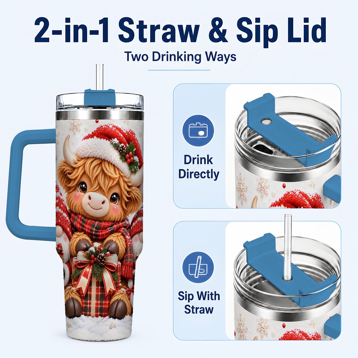 #pl[40oz|Blue] Highland Cow 40oz Tumbler with Handle, Christmas Gnome Travel Cup for Her