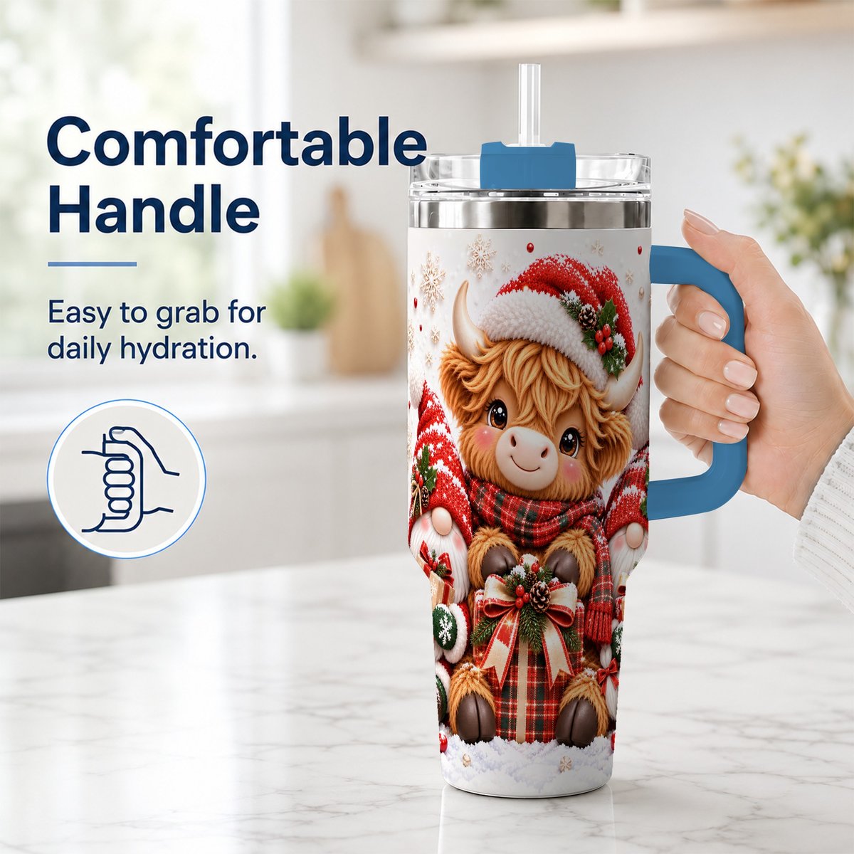 #pl[40oz|Blue] Highland Cow 40oz Tumbler with Handle, Christmas Gnome Travel Cup for Her