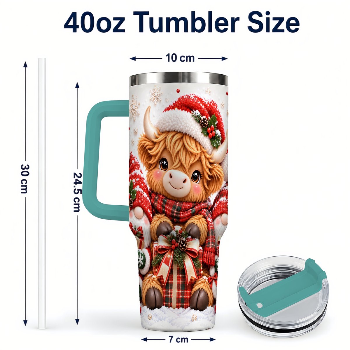 #pl[40oz|Green] Highland Cow 40oz Tumbler with Handle, Christmas Gnome Travel Cup for Her