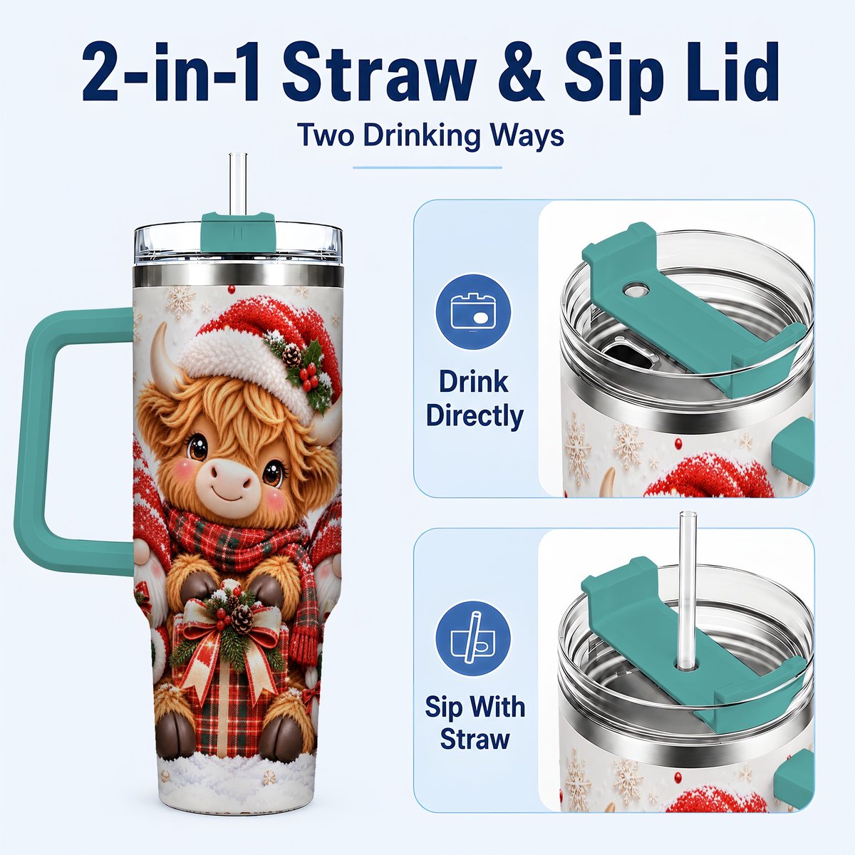 #pl[40oz|Green] Highland Cow 40oz Tumbler with Handle, Christmas Gnome Travel Cup for Her