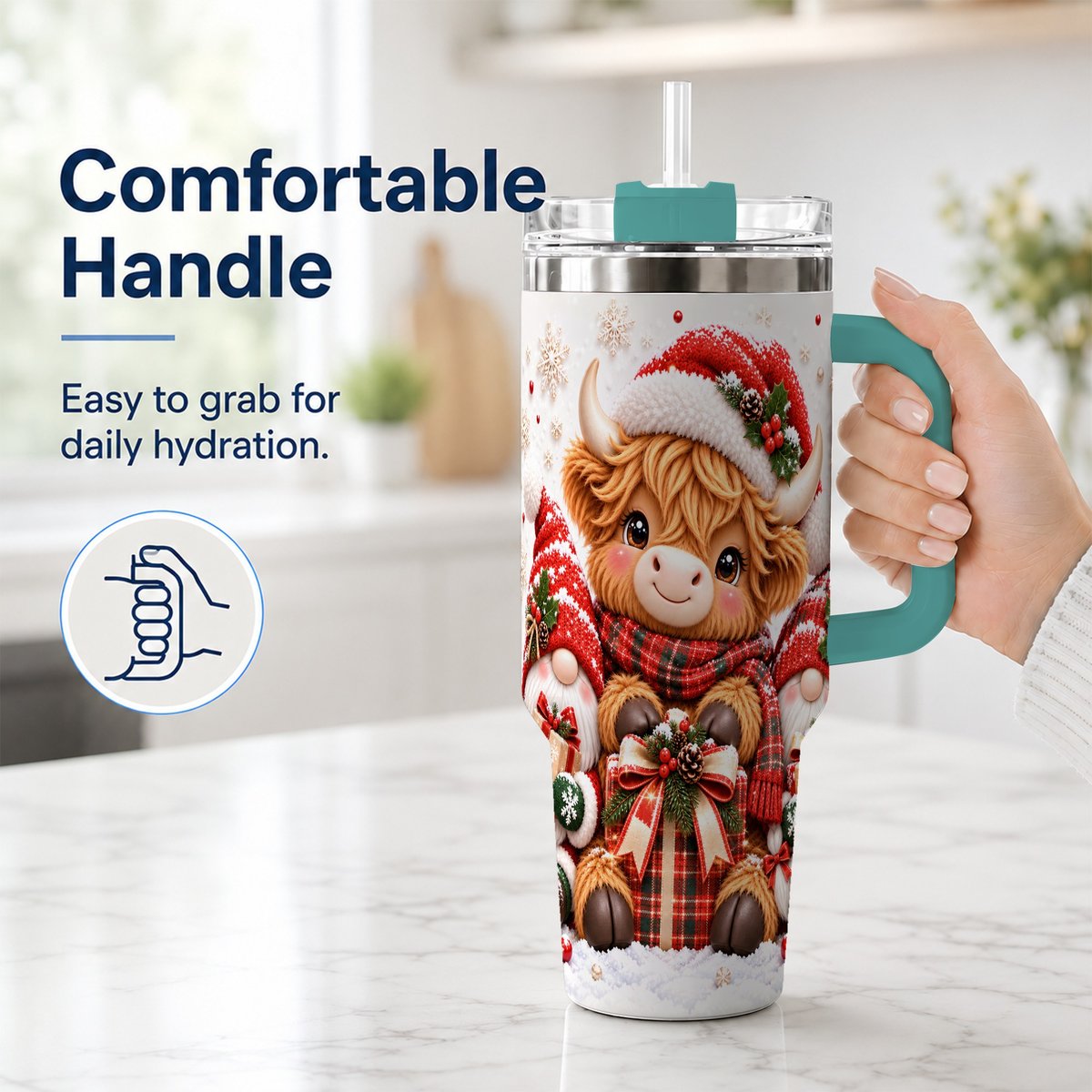 #pl[40oz|Green] Highland Cow 40oz Tumbler with Handle, Christmas Gnome Travel Cup for Her