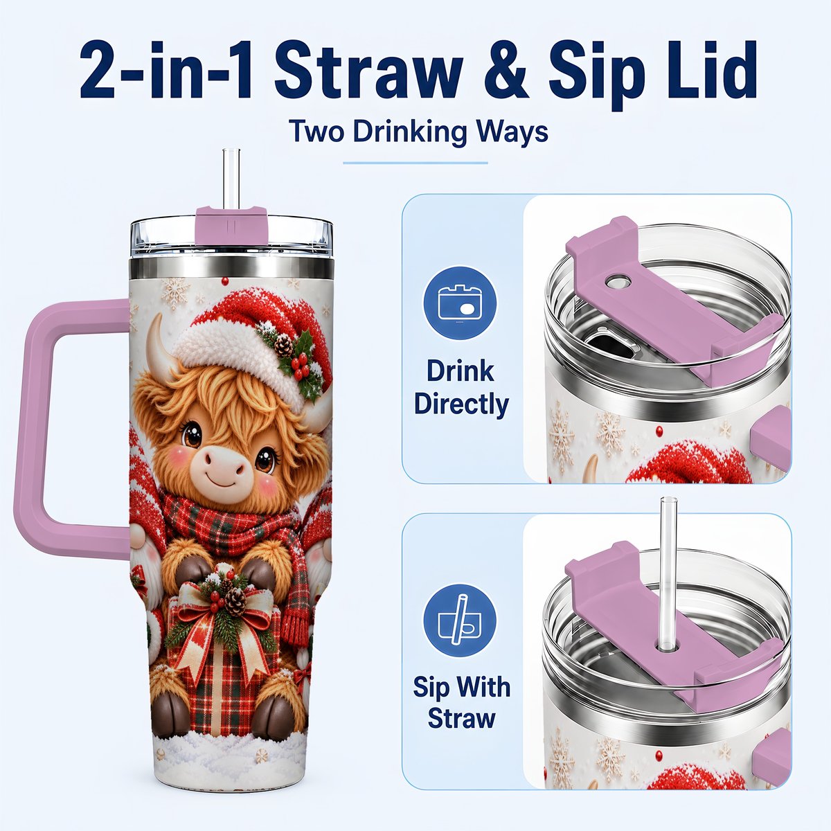 #pl[40oz|Pink] Highland Cow 40oz Tumbler with Handle, Christmas Gnome Travel Cup for Her