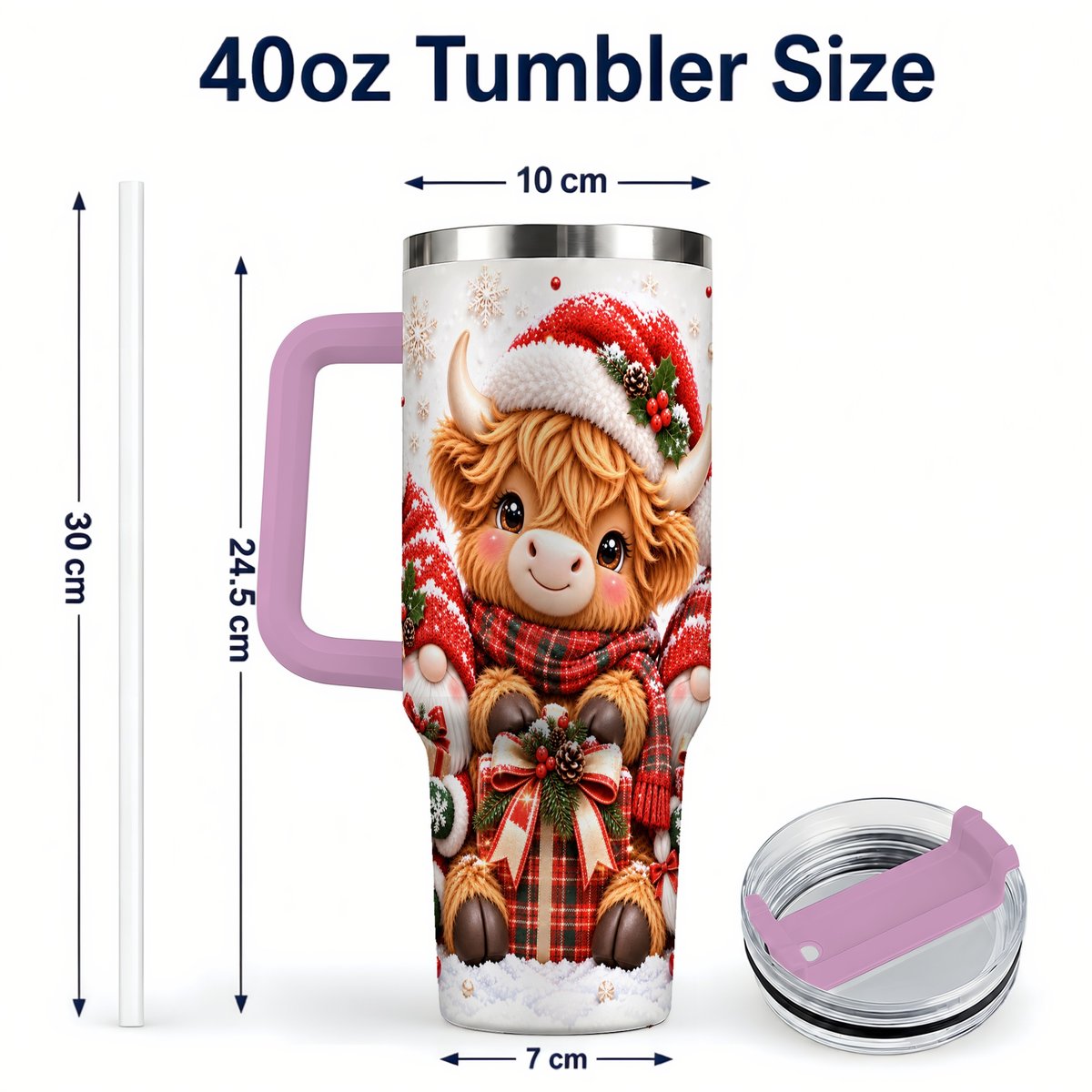 #pl[40oz|Pink] Highland Cow 40oz Tumbler with Handle, Christmas Gnome Travel Cup for Her