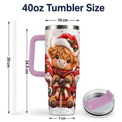 #pl[40oz|Pink] Highland Cow 40oz Tumbler with Handle, Christmas Gnome Travel Cup for Her