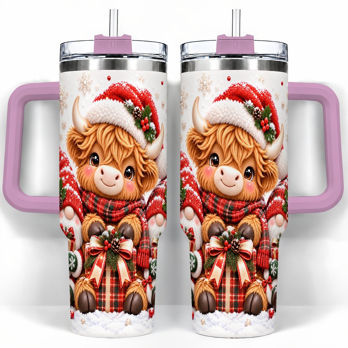 #pl[40oz|Pink] Highland Cow 40oz Tumbler with Handle, Christmas Gnome Travel Cup for Her