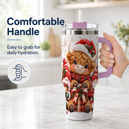 #pl[40oz|Pink] Highland Cow 40oz Tumbler with Handle, Christmas Gnome Travel Cup for Her