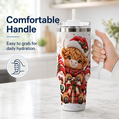 #pl[40oz|White] Highland Cow 40oz Tumbler with Handle, Christmas Gnome Travel Cup for Her