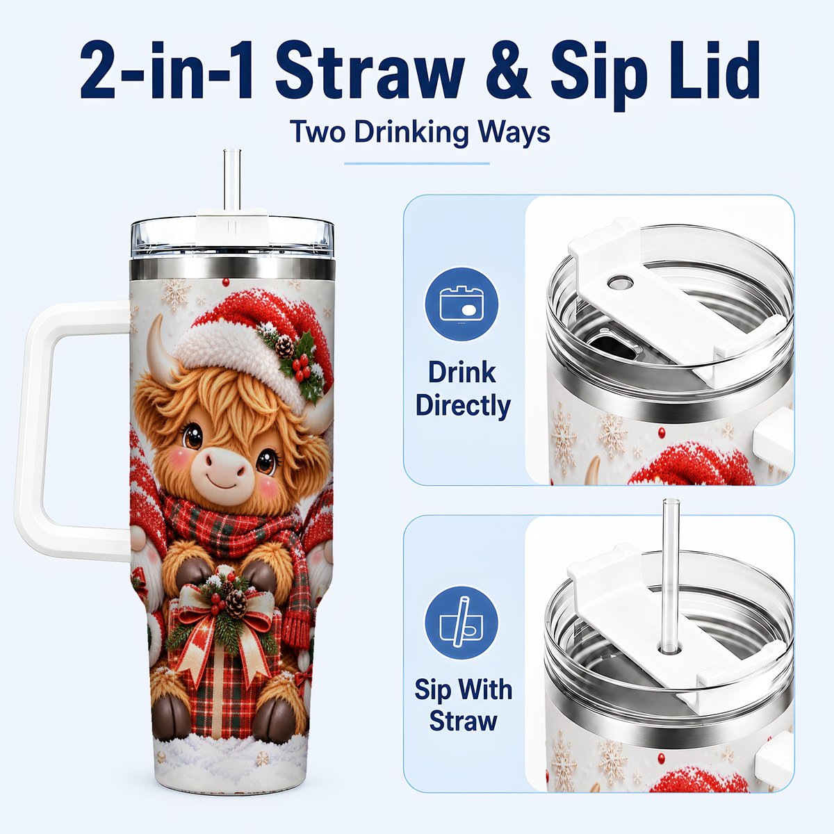 #pl[40oz|White] Highland Cow 40oz Tumbler with Handle, Christmas Gnome Travel Cup for Her