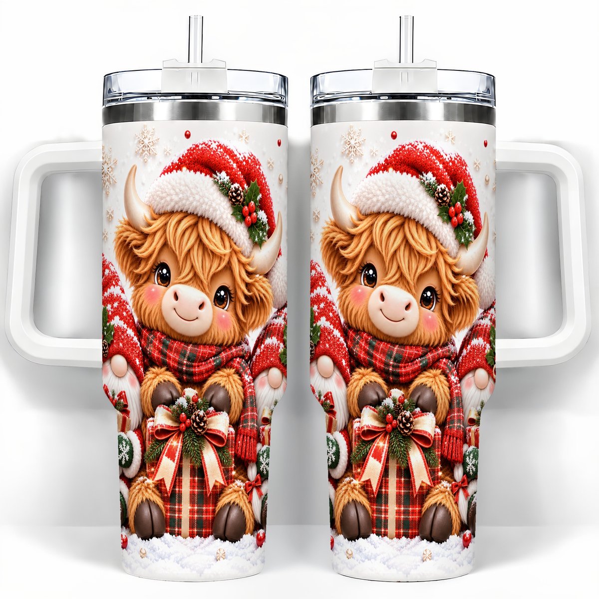 Highland Cow 40oz Tumbler with Handle, Christmas Gnome Travel Cup for Her