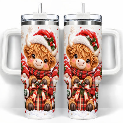 Highland Cow 40oz Tumbler with Handle, Christmas Gnome Travel Cup for Her