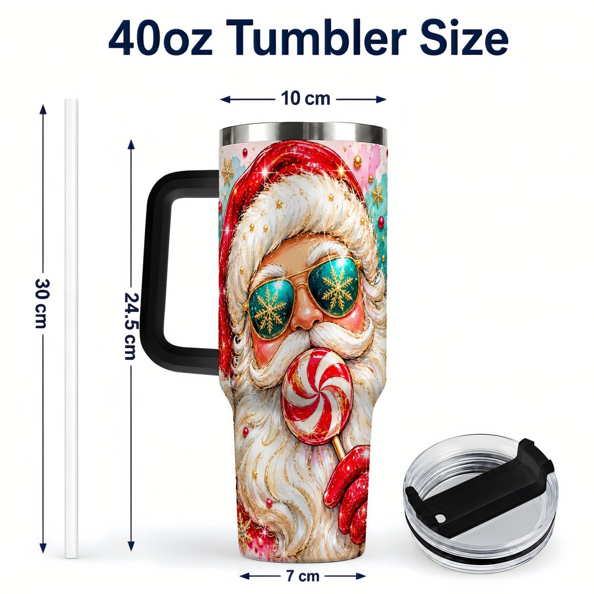 #pl[40oz|Black] Peppermint Santa 40oz Tumbler with Handle, Holiday Travel Cup for Women